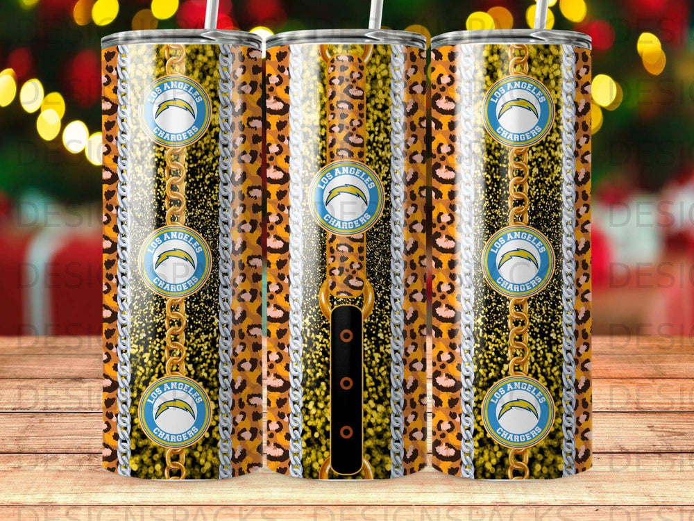 Three tumblers with Los Angeles Chargers logo on leopard print and gold chain background.