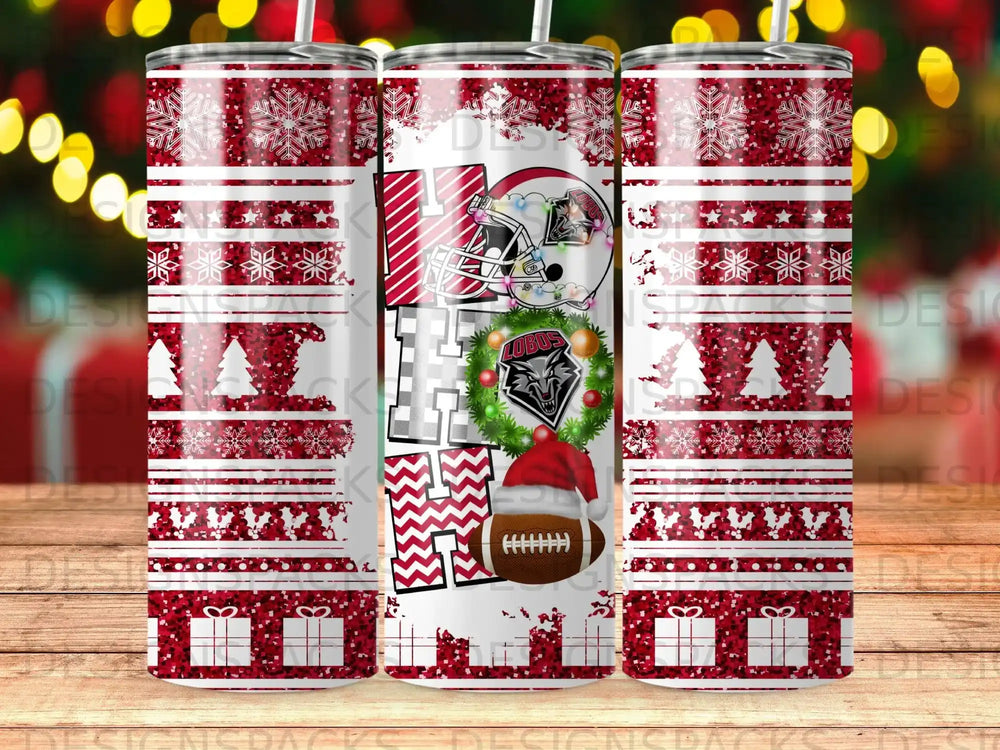 Three tumblers with a red and white snowflake and gift pattern, and a football helmet graphic.