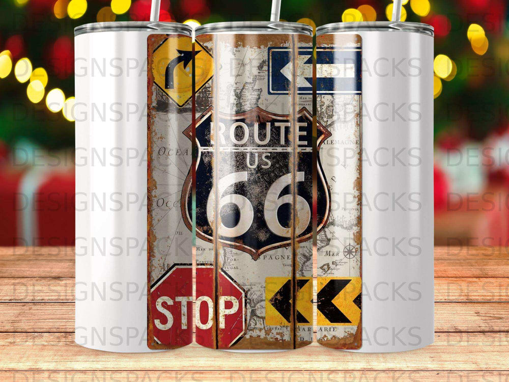 Route 66 sign with stop sign and map details.