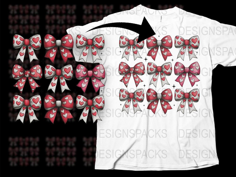 Red Heart Bow Tie Pattern T-Shirt, Stylish Love Bow Graphic Tee, Unique Valentine's Day Gift Idea