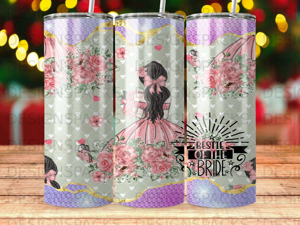 Pink floral tumbler with bride text and butterfly accents.