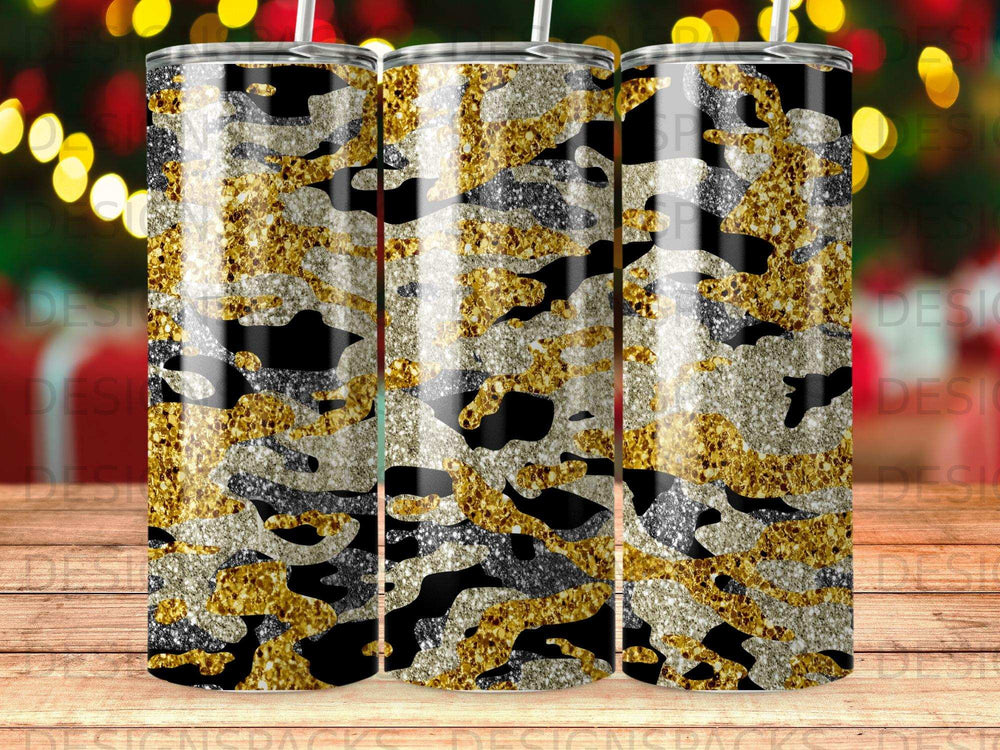 Glittery camouflage pattern tumbler with a straw.