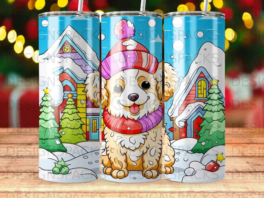 Fluffy dog in a hat and scarf, snow-covered houses, holiday decorations.