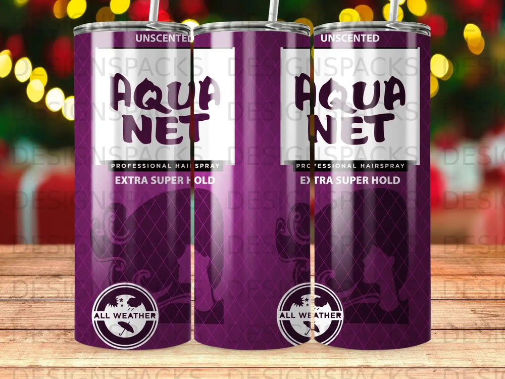 Two purple Aqua Net hairspray cans with "All Weather" labels.