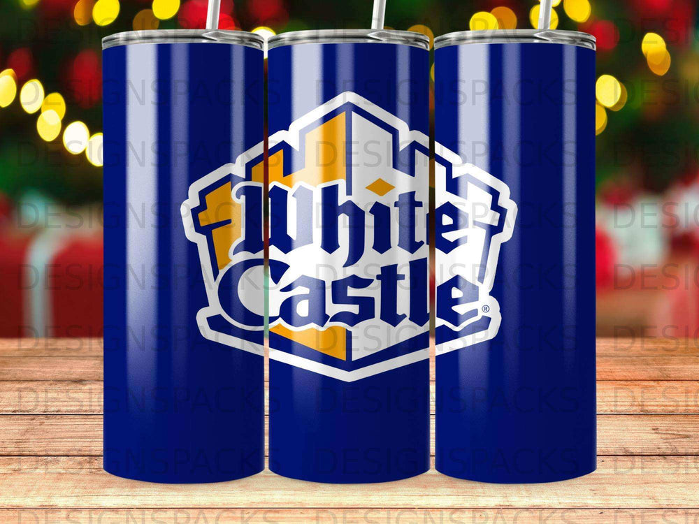 White Castle logo on a blue tumbler with repeating watermark.