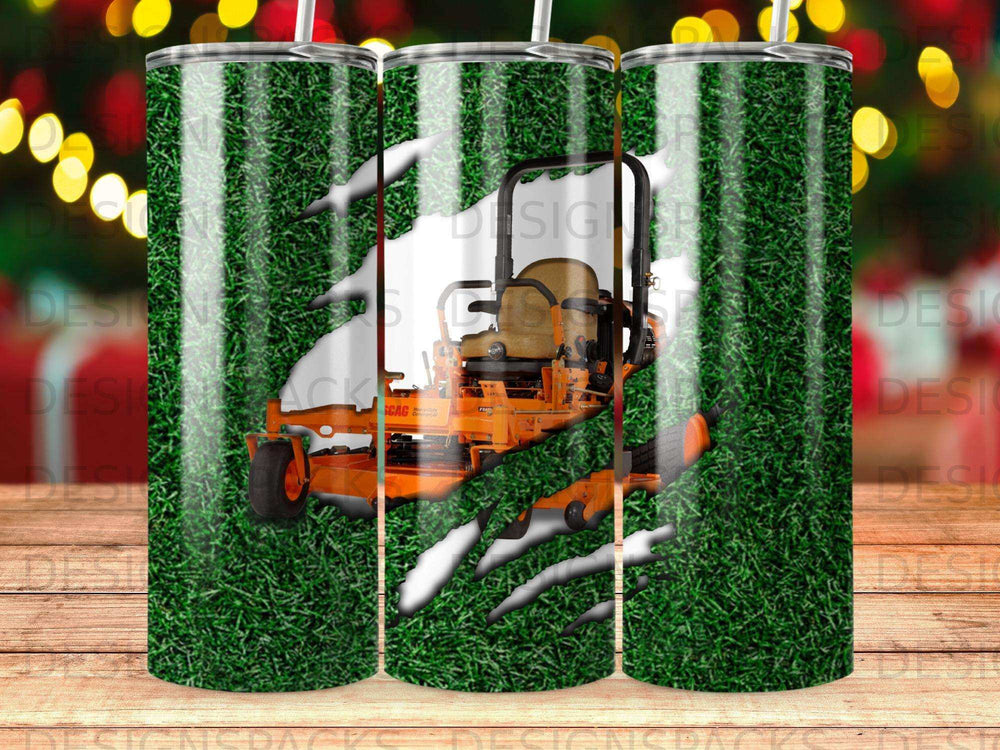 Scag commercial zero-turn mower emerging from a ripped green grass background.