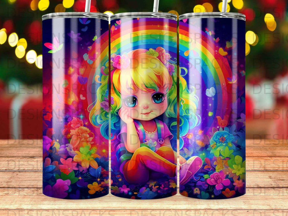 Cartoon girl with rainbow and flowers on tumbler.