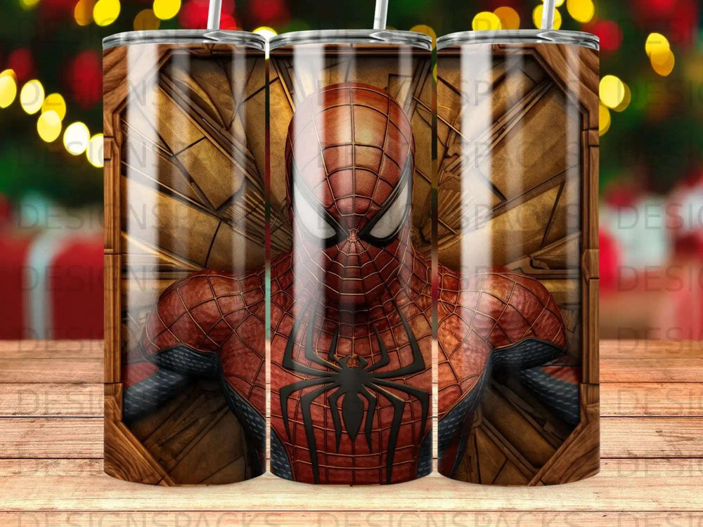 Spiderman bust with wooden texture background and bokeh lights.