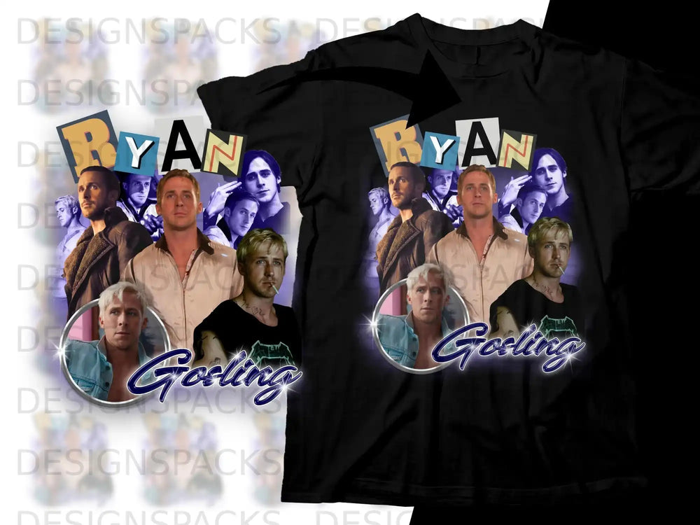 Ryan Gosling collage on black t-shirt with "Gosling" text.