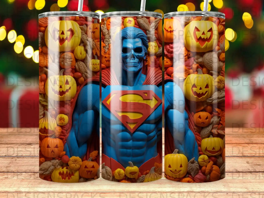 Superman skull in front of pumpkins and autumn leaves, Halloween theme.