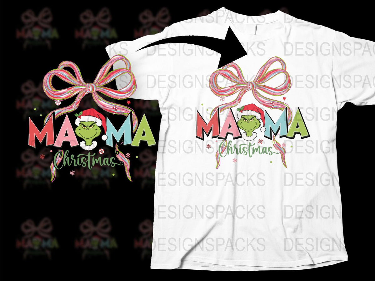 Mama Christmas T-Shirt, Holiday Grinch Graphic Tee, Festive Family Matching Outfit, Colorful Bow Design