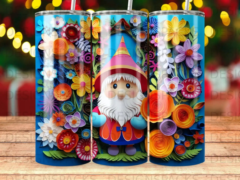 Gnome wearing pink hat and blue suit surrounded by colorful paper flowers.