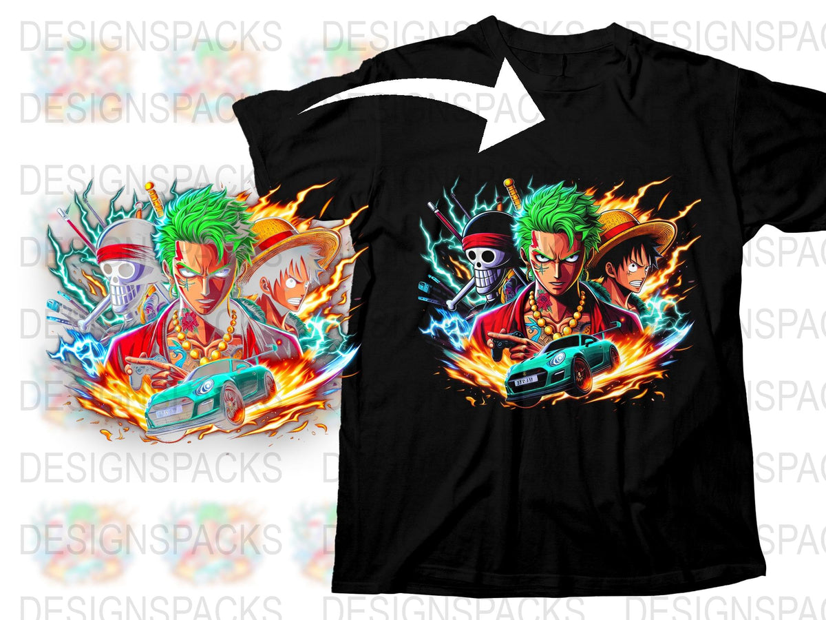 Anime Inspired Car and Character Graphic T-Shirt, Vibrant Colorful Flame Design, Collector's Casual Wear