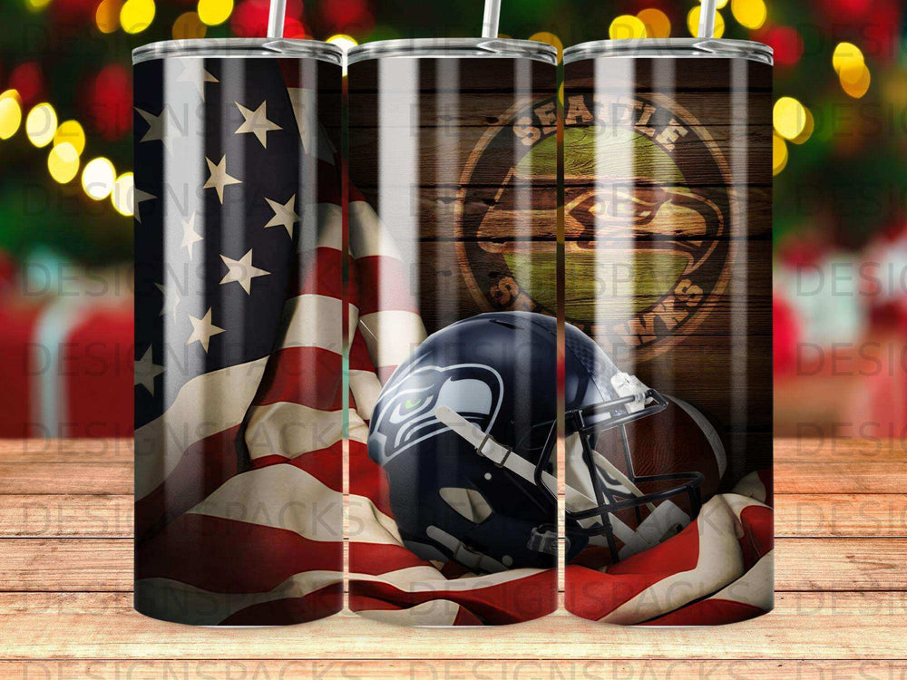 Seattle Seahawks helmet on American flag with wooden background.