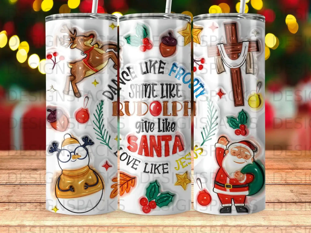 Three tumblers featuring Christmas designs: Rudolph, snowman, and Santa Claus with festive text.
