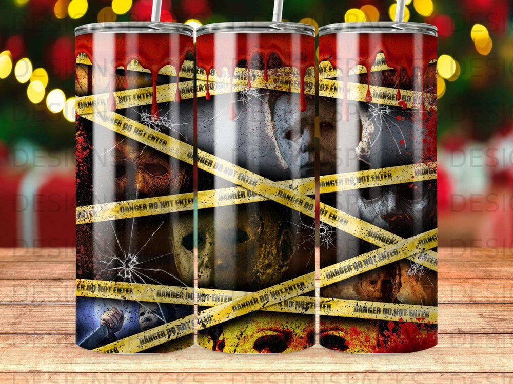 Halloween-themed tumbler with Michael Myers and "Danger Do Not Enter" tape.