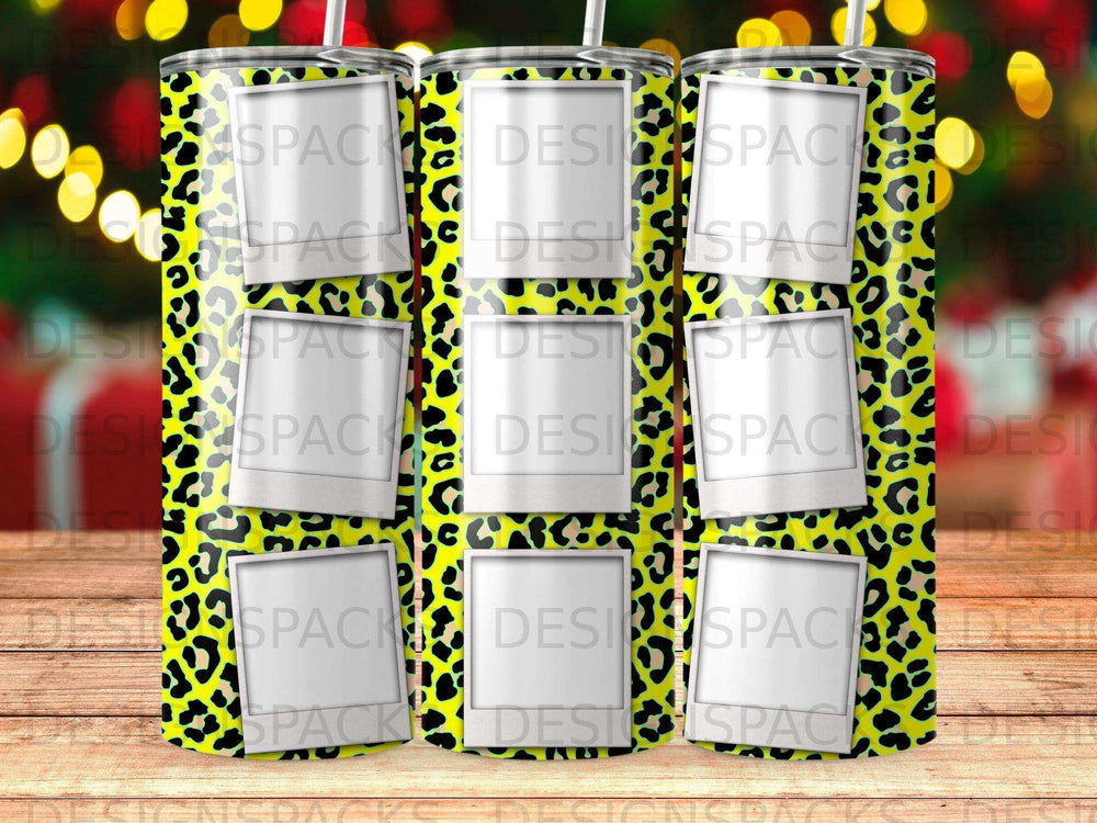 Three tumblers with leopard print and blank photo frames.
