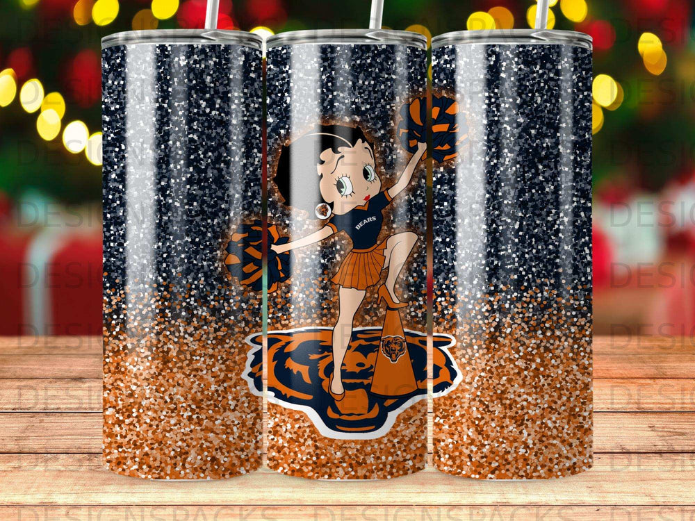 Betty Boop in Chicago Bears cheerleader outfit holding pom-poms.
