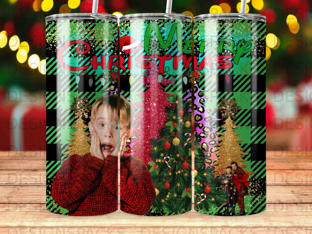 Christmas tumbler with Kevin McCallister, plaid, and glittery tree.