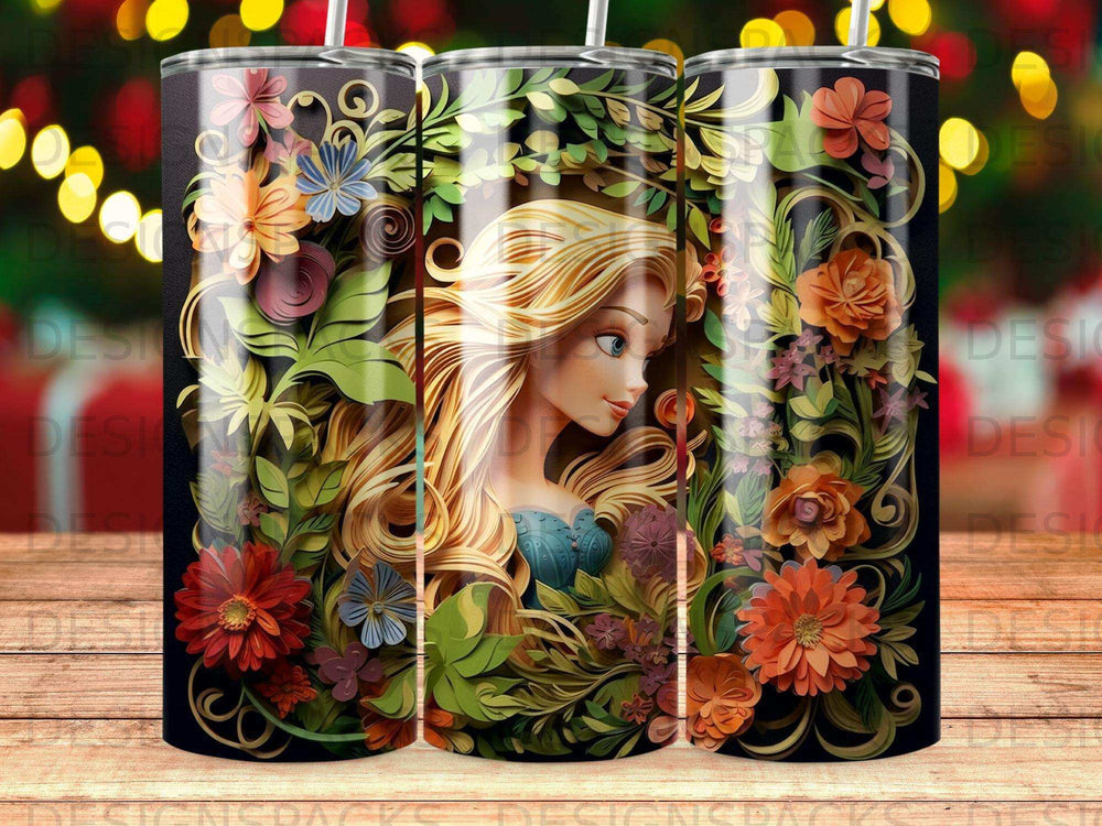Girl with flowing blonde hair surrounded by colorful flowers and green leaves.