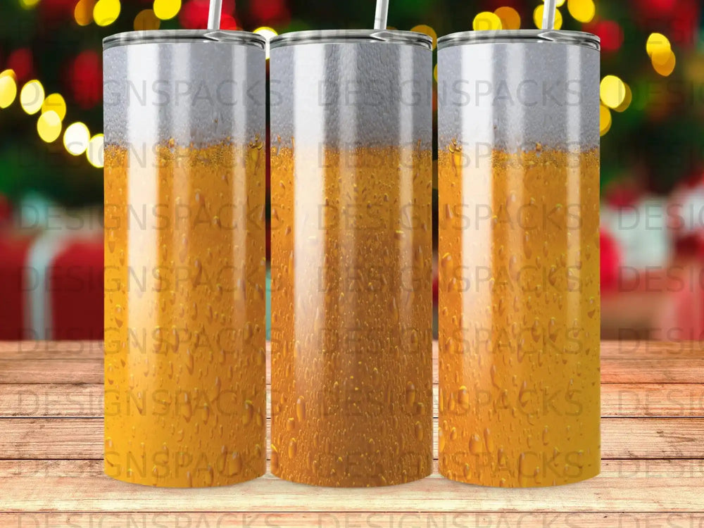Tumbler with condensation and bubbles, depicting beer.