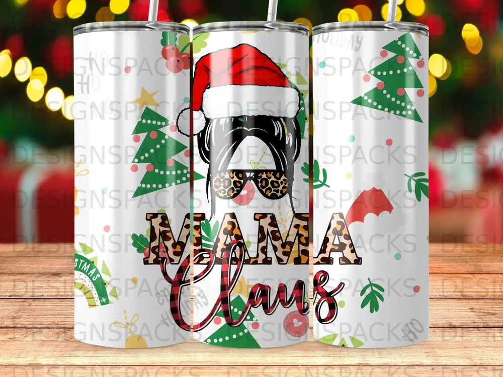 Mama Claus Christmas tumbler with Santa hat and glasses.