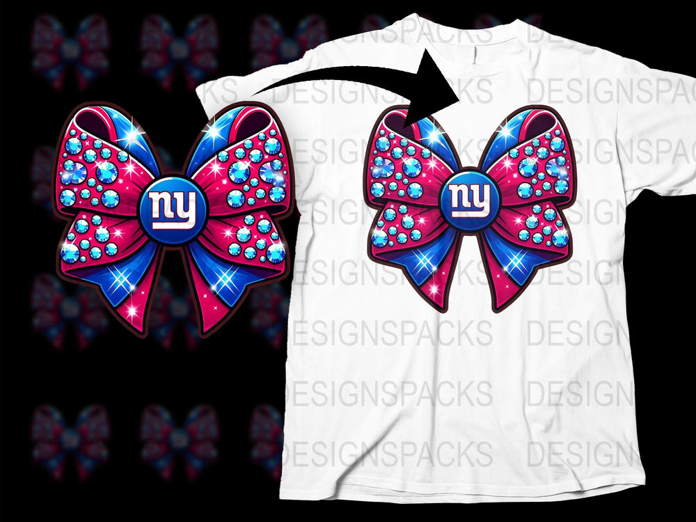 NY Team Logo Rhinestone Bow Hair Clip, Blue Pink Sparkly Cheer Accessory, Sports Fan Gear Gift