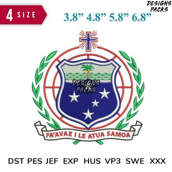 Samoa flag embroidery design with shield, stars, palm tree, and laurel wreath in multiple sizes