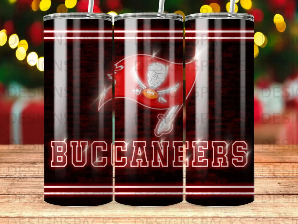Tampa Bay Buccaneers logo and team name on a dark, striped tumbler.