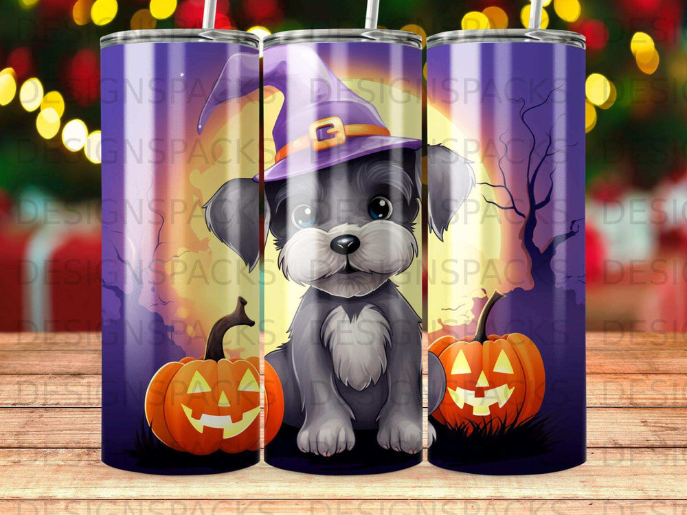 Puppy wearing witch hat with pumpkins and spooky tree silhouette.