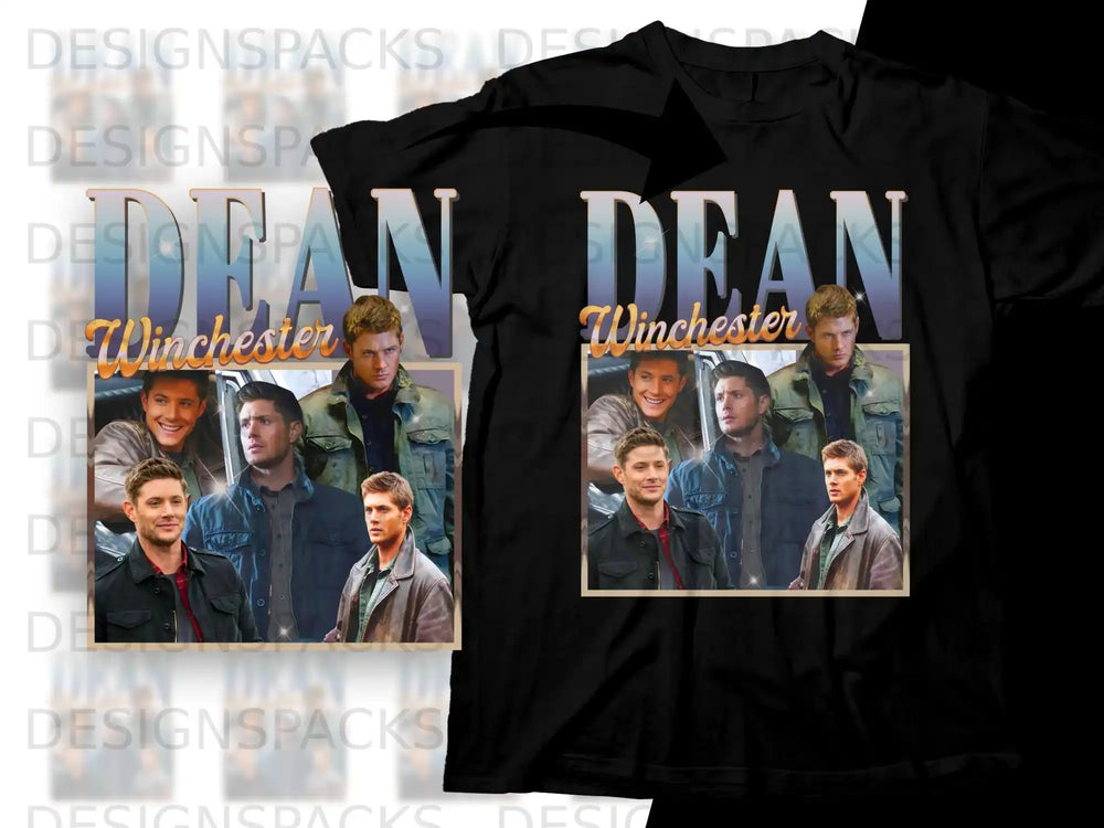 Dean Winchester graphic tee featuring three character portraits and text.