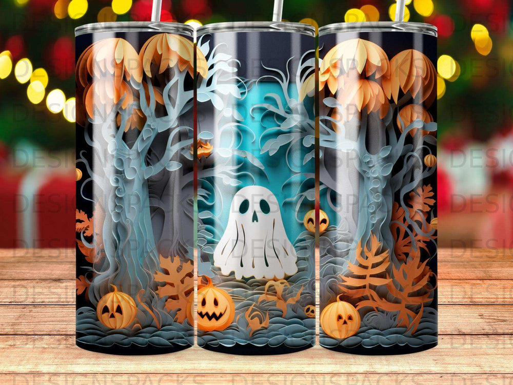 Ghost and pumpkins in a forest scene with autumn leaves.
