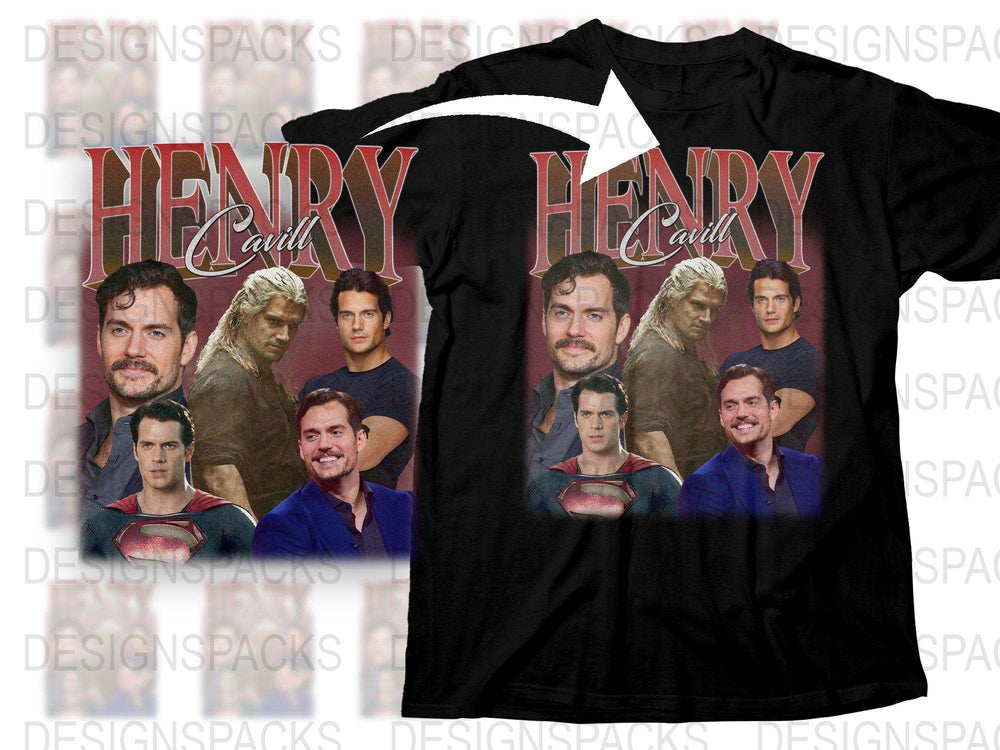 Henry Cavill Graphic T-Shirt, Vintage Style Actor Collage, Fan Art Tee, Multiple Poses, Black Cotton Shirt