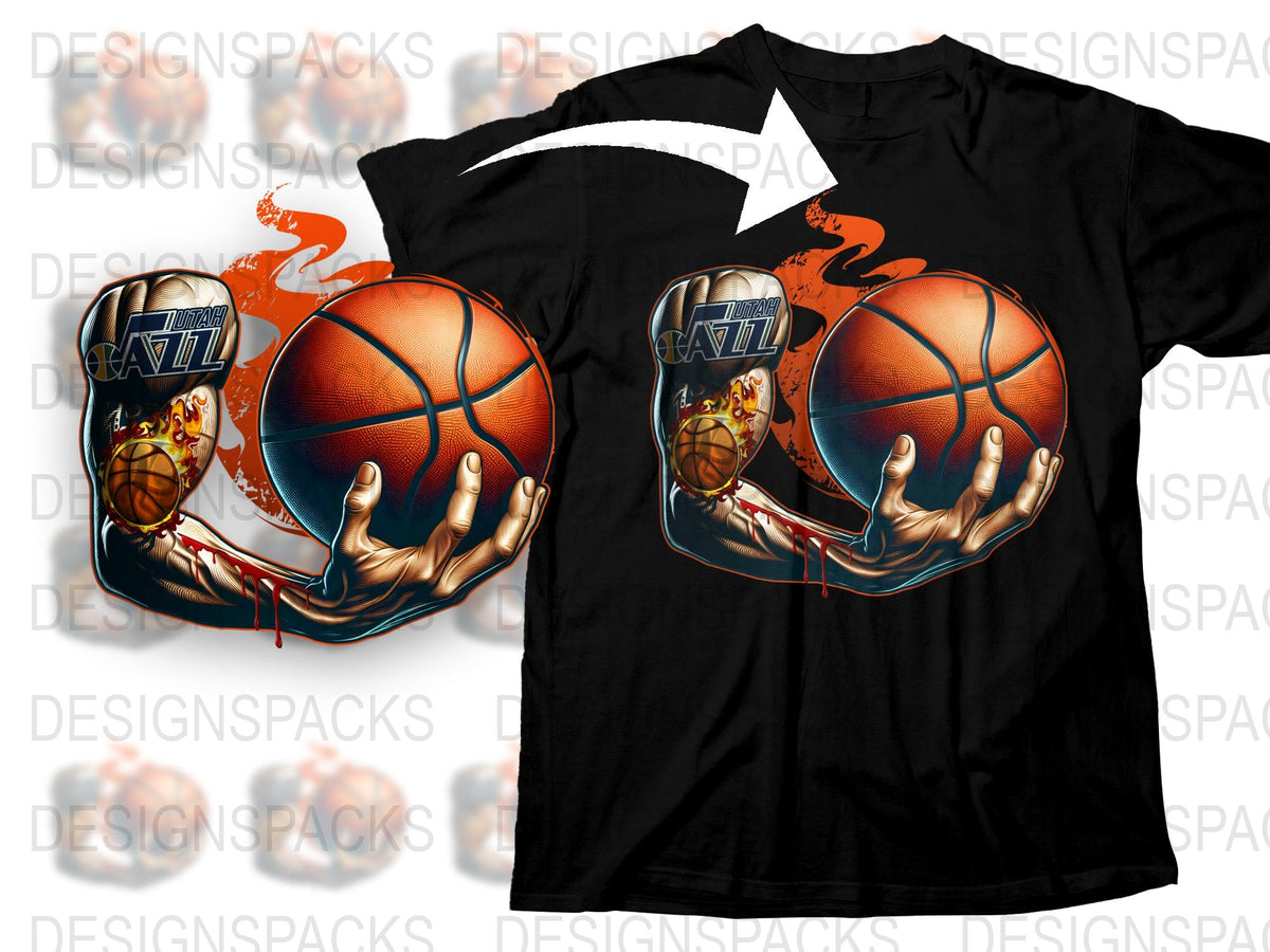 Fire Basketball Graphic T-Shirt, Cool Jazz Hands Sports Tee, Vibrant Orange and Blue Design, Unisex Casual Wear