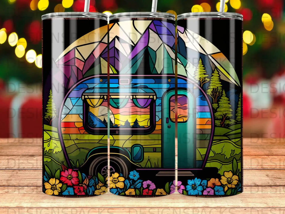 Colorful camper van illustration with mountains, trees, and flowers.