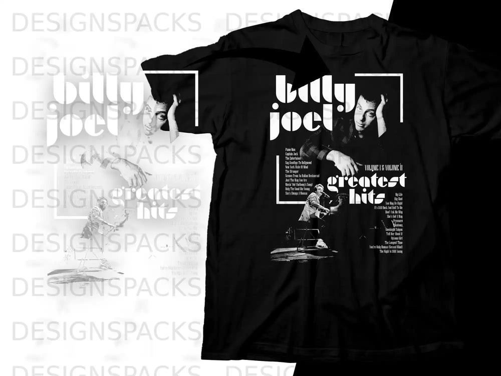 Billy Joel "Greatest Hits" t-shirt with song titles listed on the back.