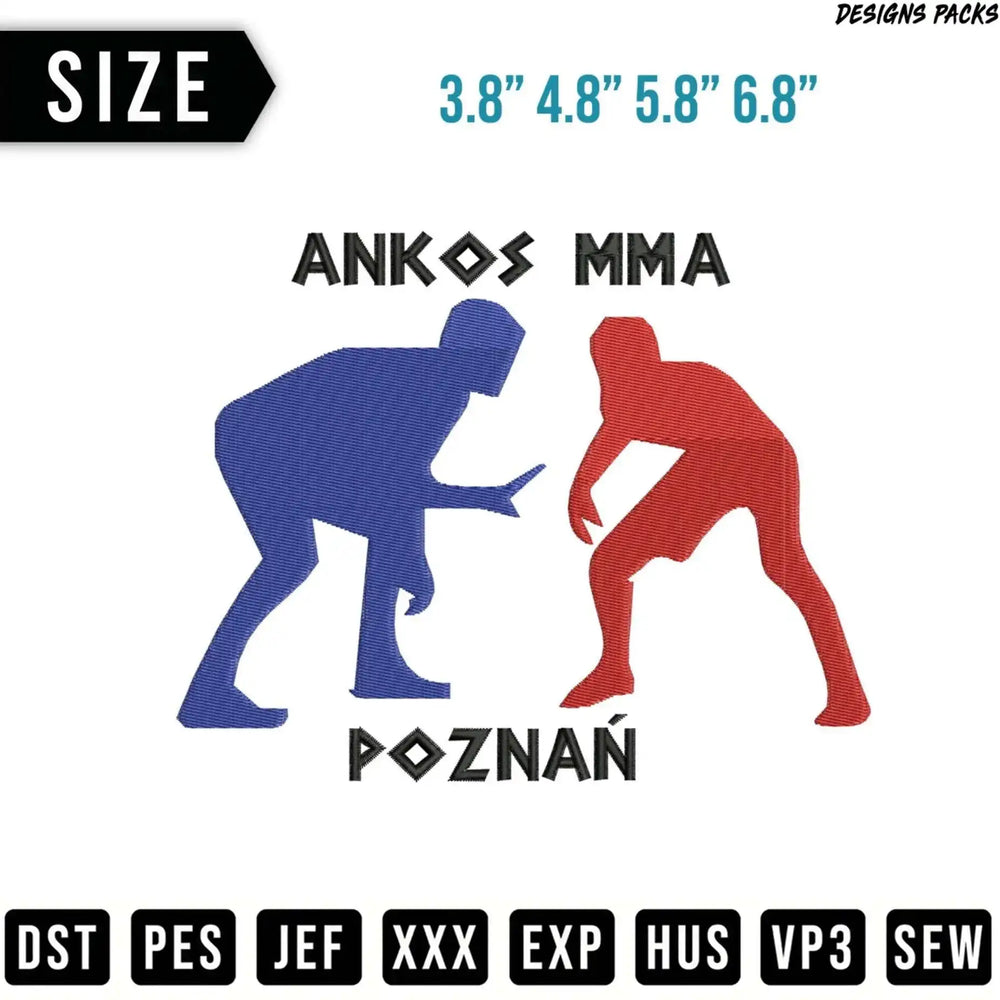 Embroidery design of two silhouetted wrestlers, blue and red, with "ANKOS MMA" and "POZNAŃ" text.