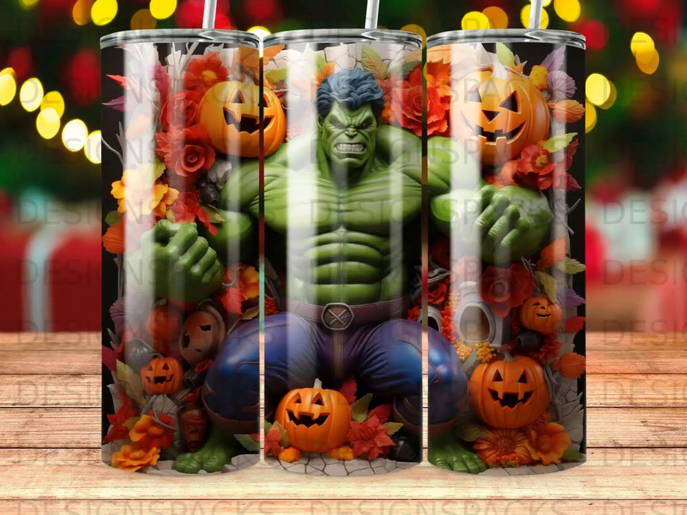 Hulk in front of pumpkins and flowers, Halloween themed.
