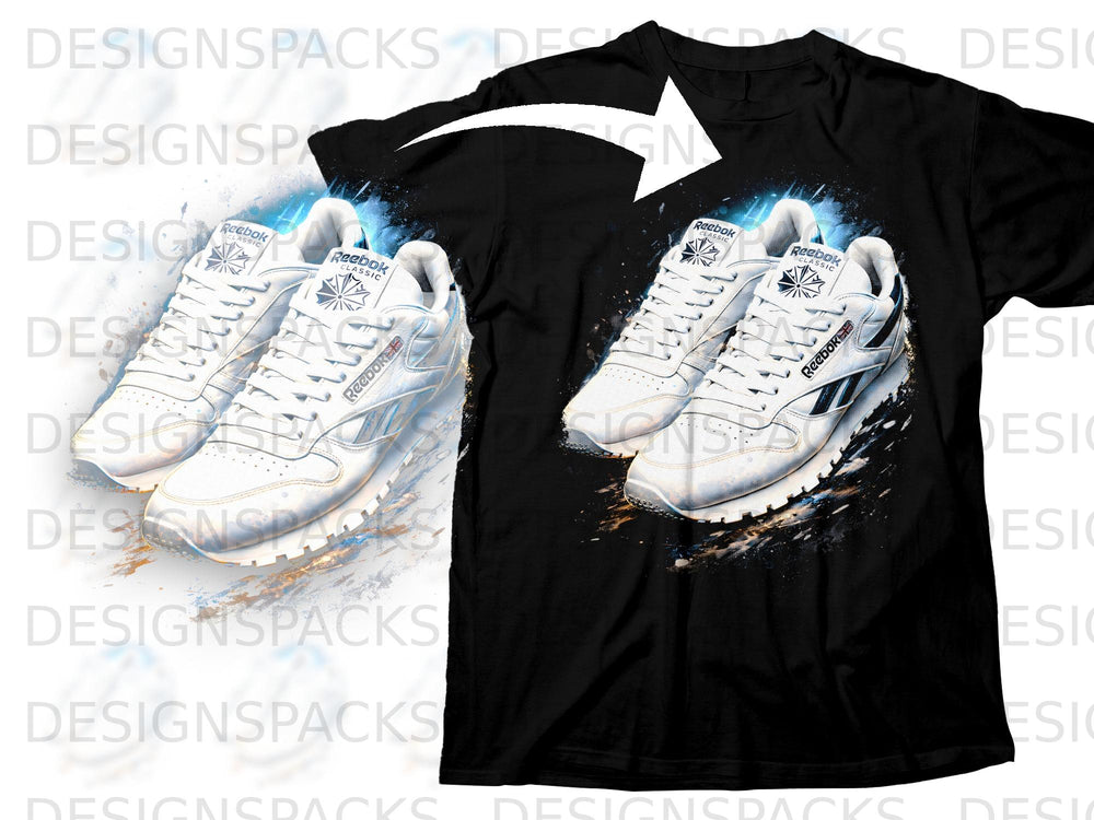 Black t-shirt with a graphic of white Reebok Classic sneakers splashing color.