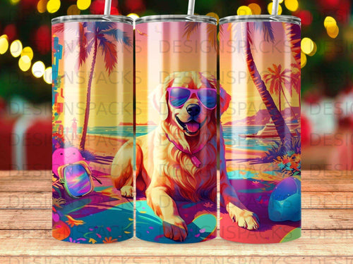 Golden retriever wearing sunglasses on a beach with palm trees.