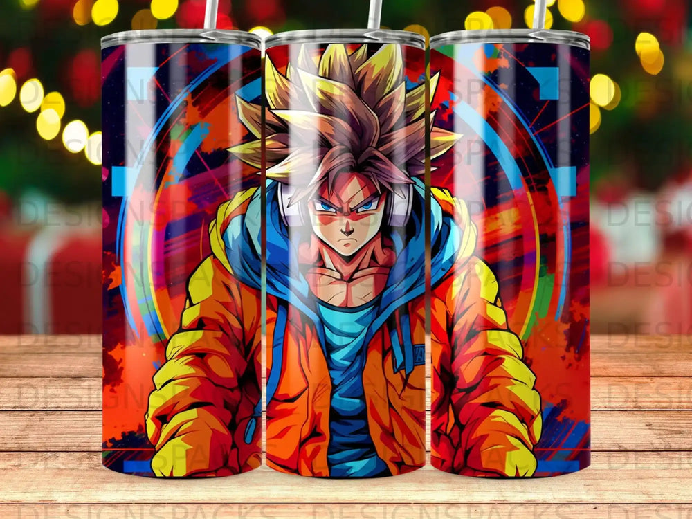 Anime character with spiky blond hair and orange jacket, wearing headphones.