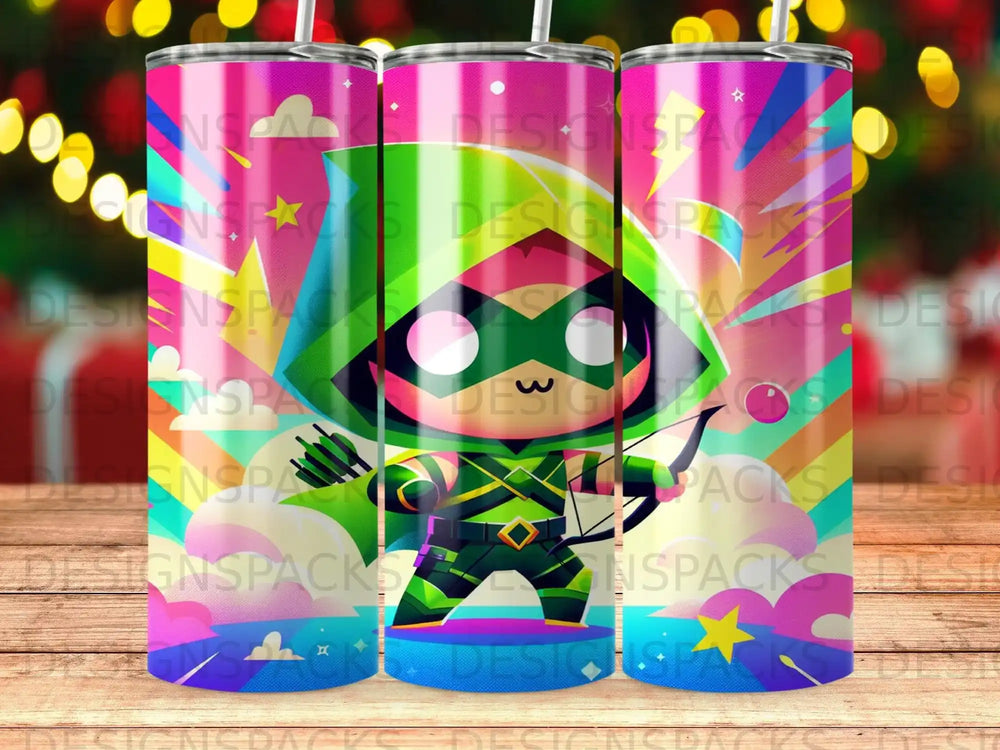 Green Archer character with bow and arrow on a colorful, geometric background.