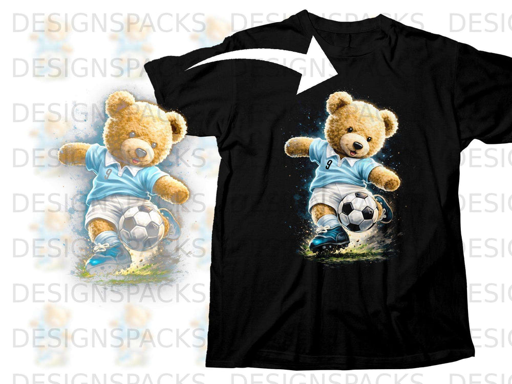 Teddy bear in soccer uniform kicking a soccer ball on black t-shirt graphic.