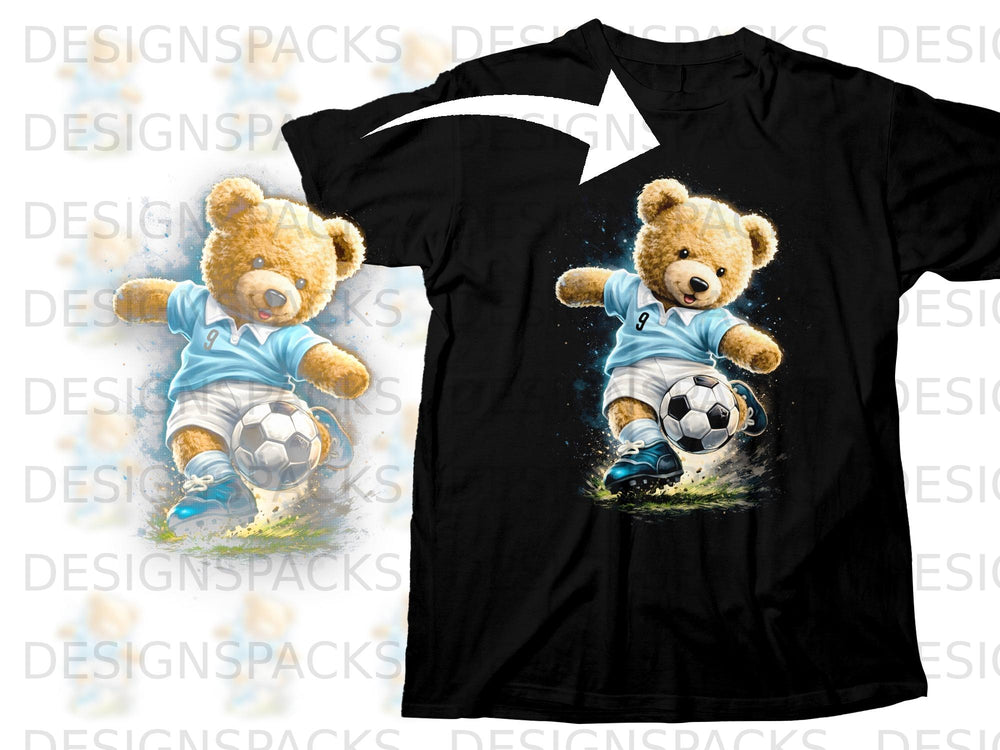 Teddy bear in soccer uniform kicking a soccer ball on black t-shirt graphic.