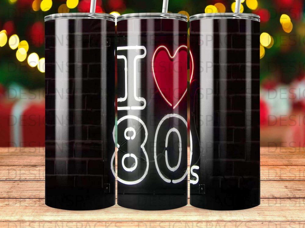 Tumbler with "I ❤️ 80s" neon sign on a brick wall.