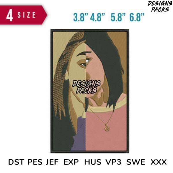 Print-ready embroidery design of woman with braids, available in 4 sizes & formats like PES, DST for DTG, DTF, tumbler wraps