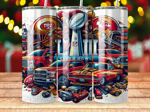 Super Bowl LVII NFL themed tumbler with football helmets and sports cars.