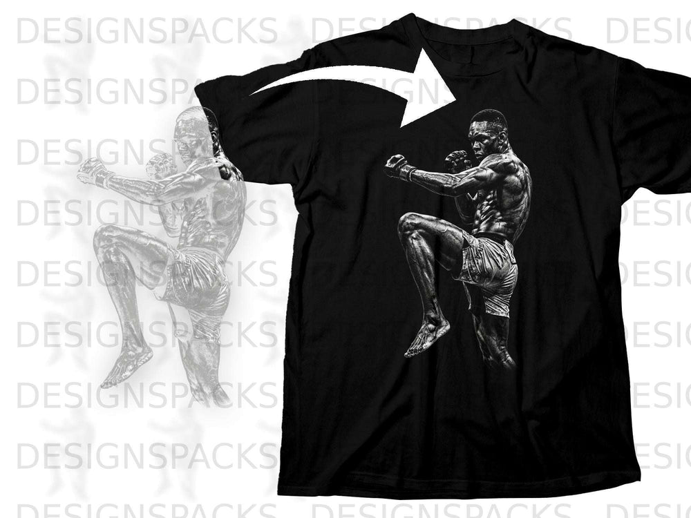 Black t-shirt with a graphic of a martial artist in a fighting stance.