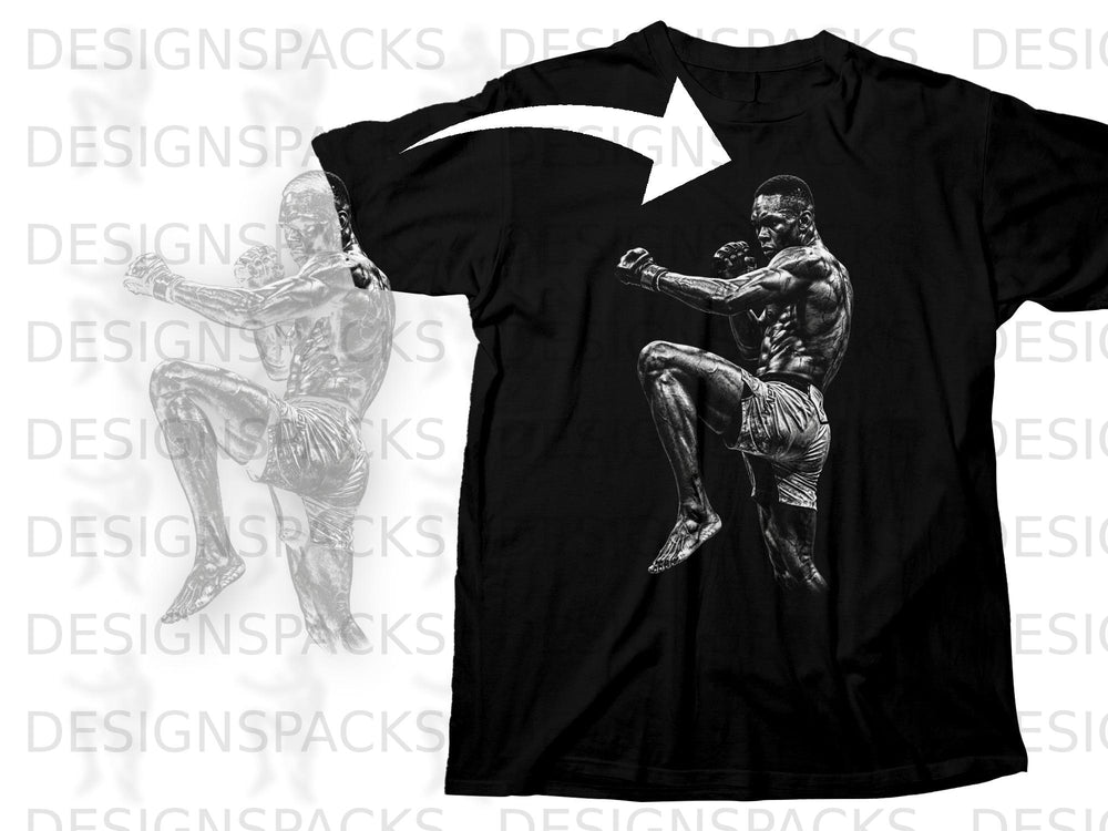 Black t-shirt with a graphic of a martial artist in a fighting stance.