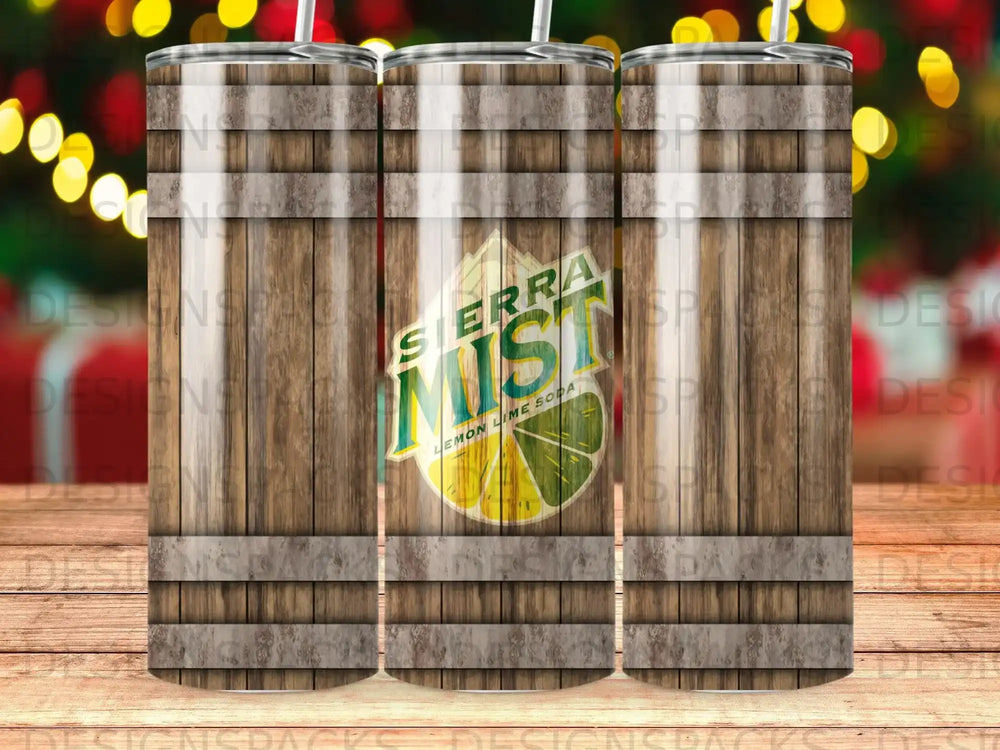Sierra Mist soda can with lime slice logo, on a wood grain patterned background.